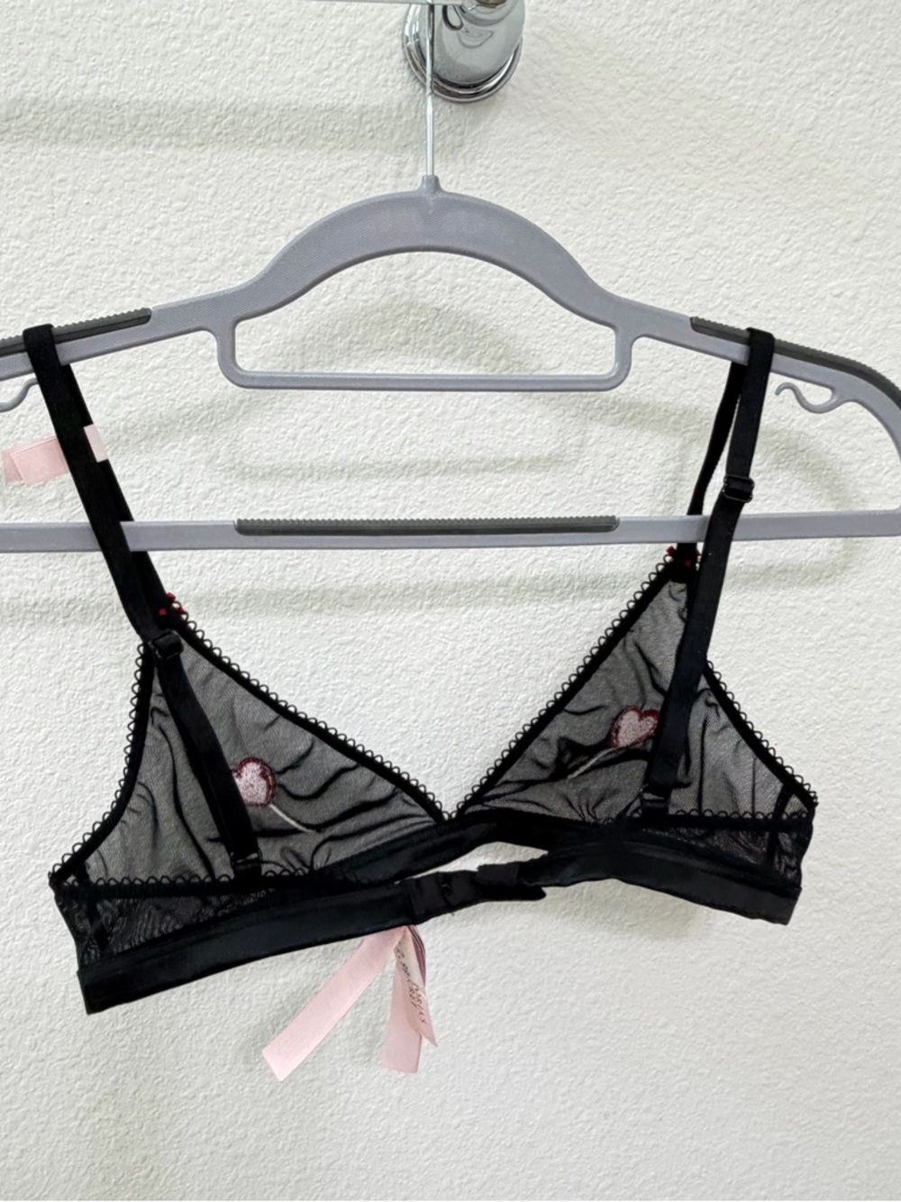 Small VS unlined Mesh Demi bra Black Embroidered Heart Lollipop - Picture 8 of 14